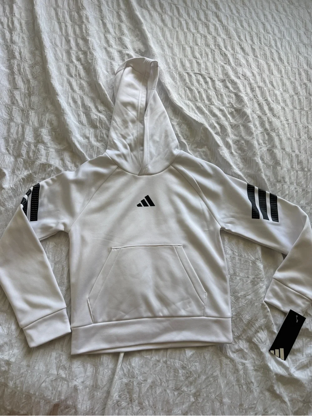 adidas White Hoodie SMALL with Black Three-Stripe Sleeve Details